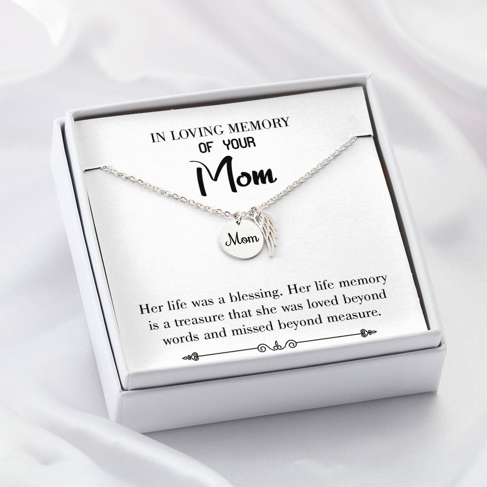 Life Was A Blessing White Mom Remembrance Necklace Angel Wing Charm, Stainless Steel 18-22'' Chain-Express Your Love Gifts