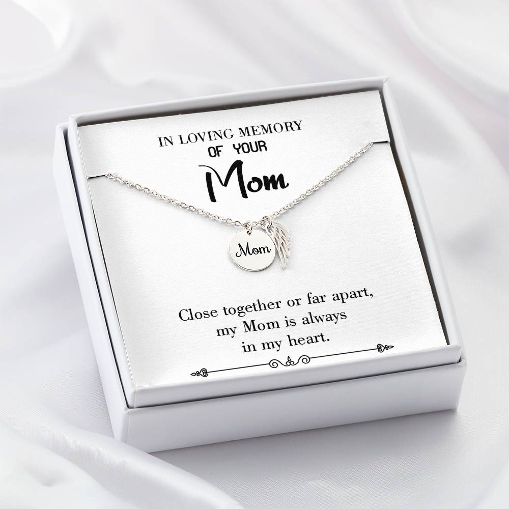 Close_Together_White_Artwork Mom Remembrance Necklace Angel Wing Charm, Stainless Steel 18-22'' Chain-Express Your Love Gifts