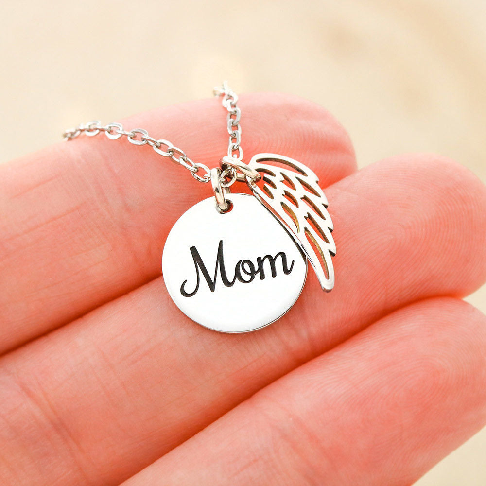 Guardian Angel In Heaven Mom Remembrance Necklace Angel Wing Charm, Stainless Steel 18-22'' Chain-Express Your Love Gifts