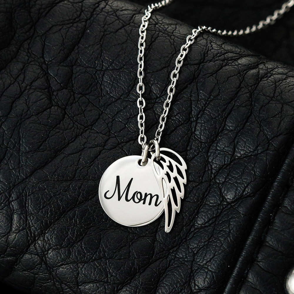 In My Heart Forever White Mom Remembrance Necklace Angel Wing Charm, Stainless Steel 18-22'' Chain-Express Your Love Gifts