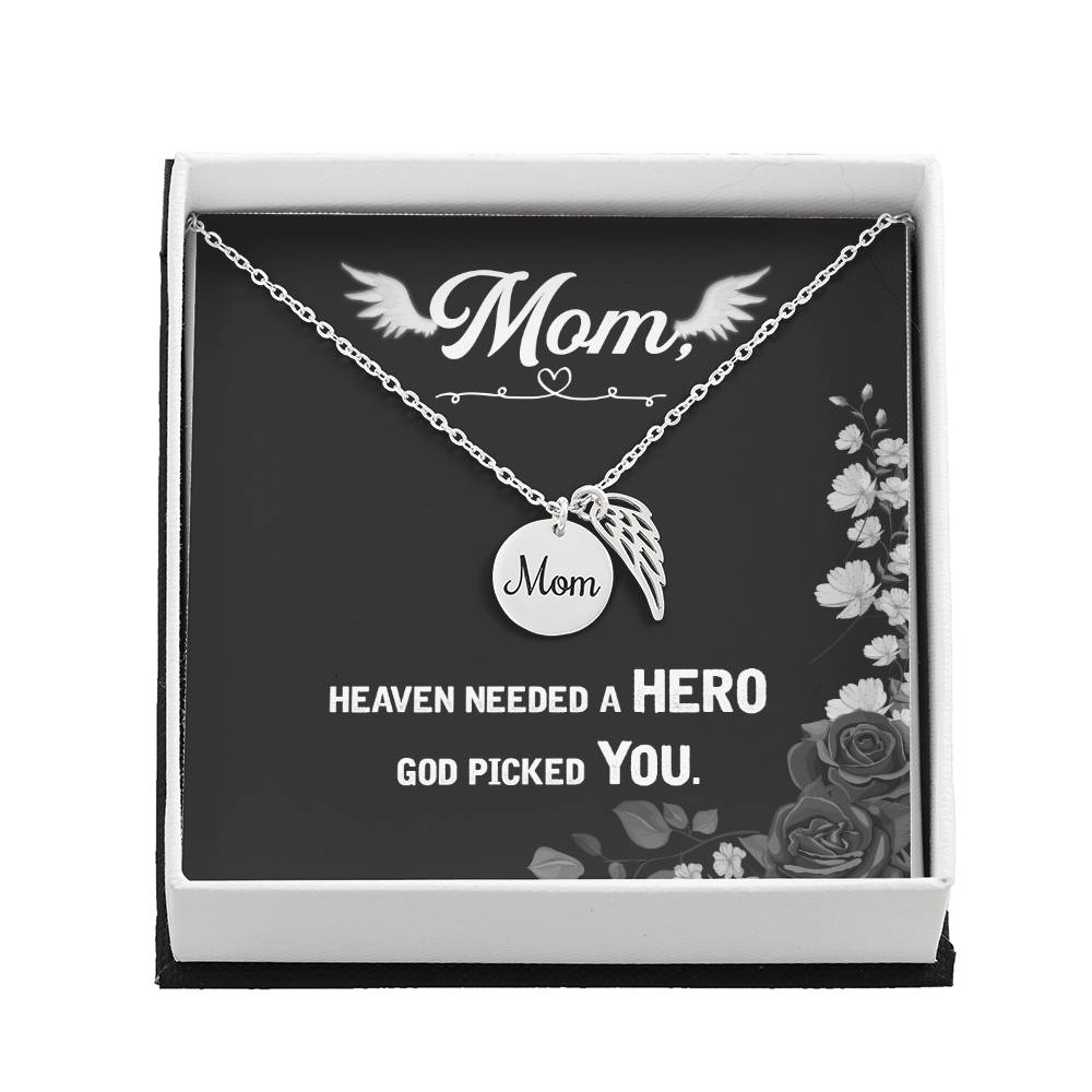 Heaven Needed A Hero Mom Remembrance Necklace Angel Wing Charm, Stainless Steel 18-22&#39;&#39; Chain-Express Your Love Gifts