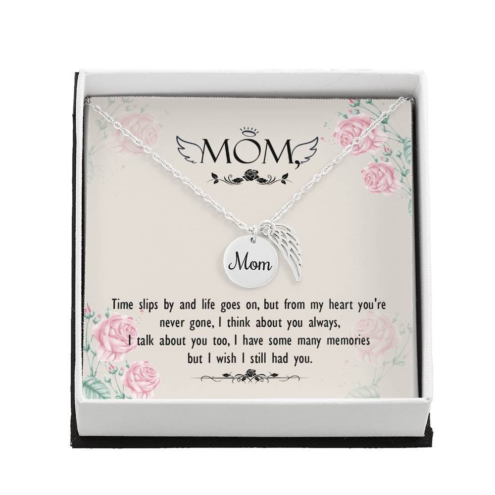 Time Slips By Mom Remembrance Necklace Angel Wing Charm, Stainless Steel 18-22&#39;&#39; Chain-Express Your Love Gifts