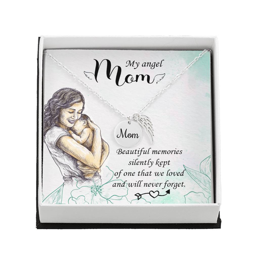 Beautiful Memories Mom Remembrance Necklace Angel Wing Charm, Stainless Steel 18-22&#39;&#39; Chain-Express Your Love Gifts