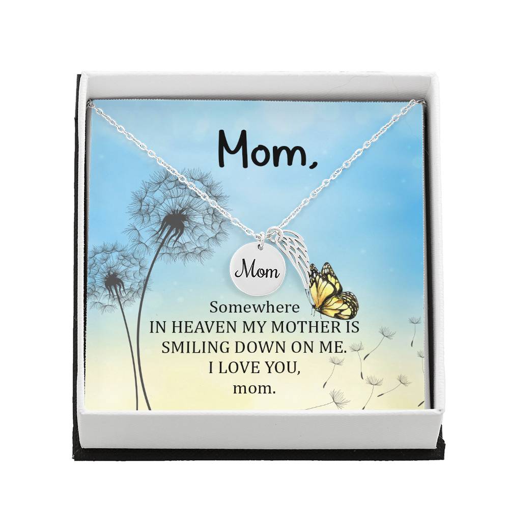 Somewhere In Heaven Mom Remembrance Necklace Angel Wing Charm, Stainless Steel 18-22&#39;&#39; Chain-Express Your Love Gifts