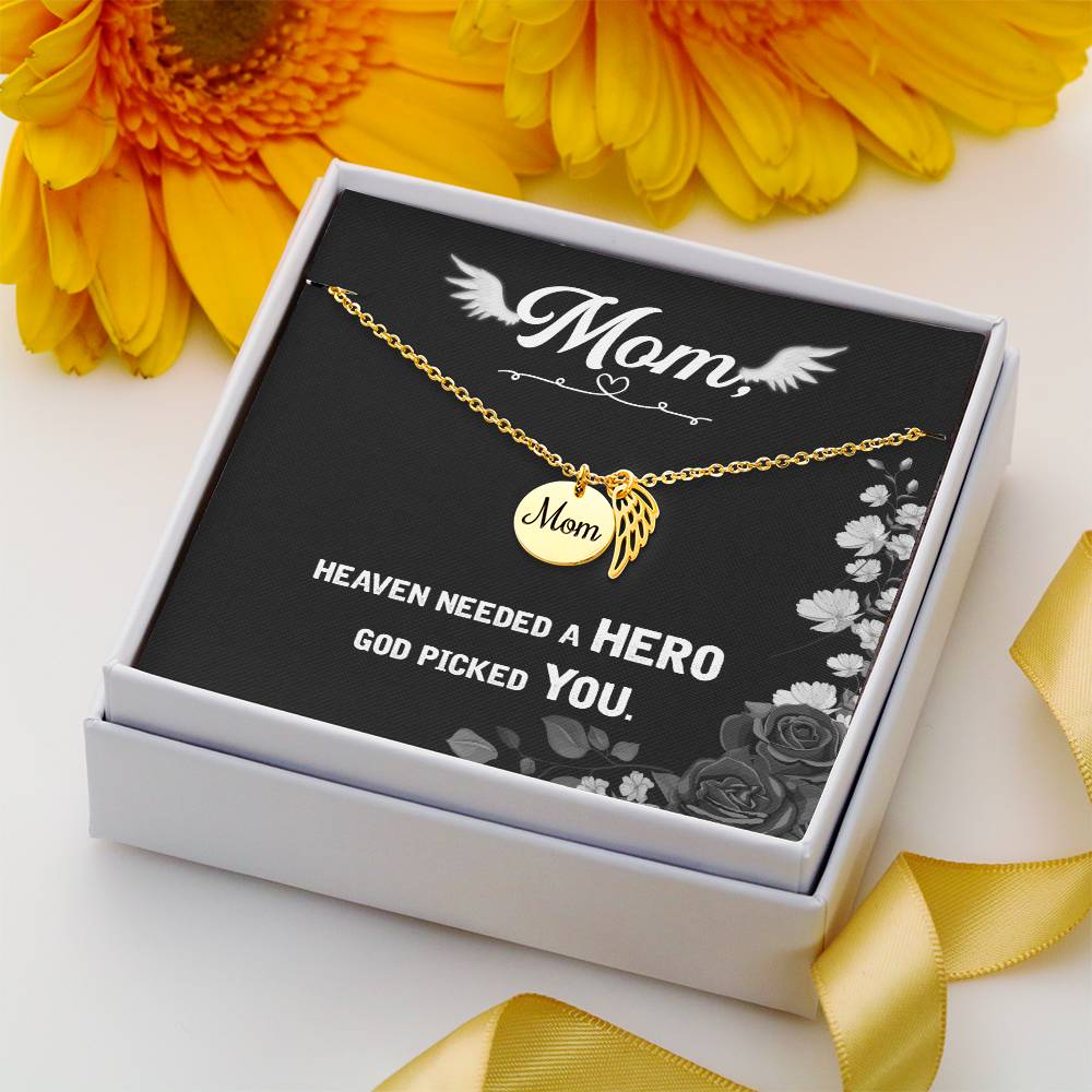 Heaven Needed A Hero Mom Remembrance Necklace Angel Wing Charm, Stainless Steel 18-22'' Chain-Express Your Love Gifts