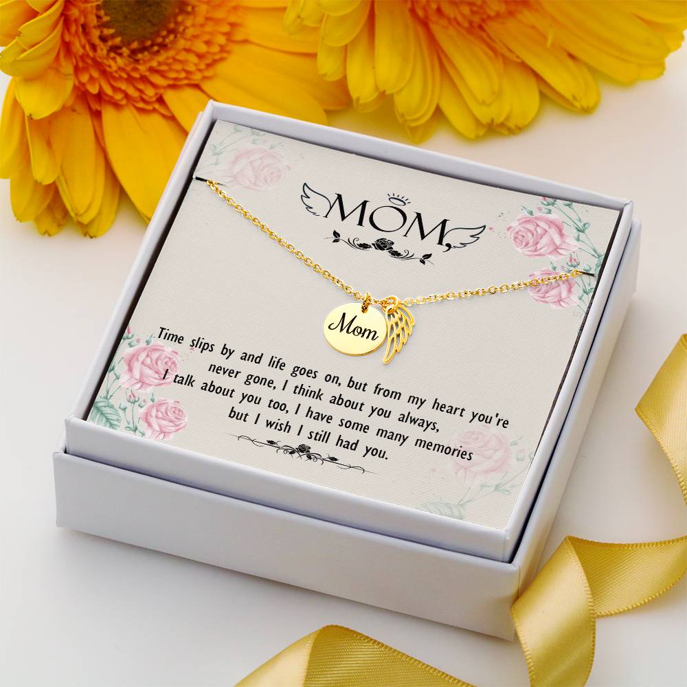 Time Slips By Mom Remembrance Necklace Angel Wing Charm, Stainless Steel 18-22'' Chain-Express Your Love Gifts