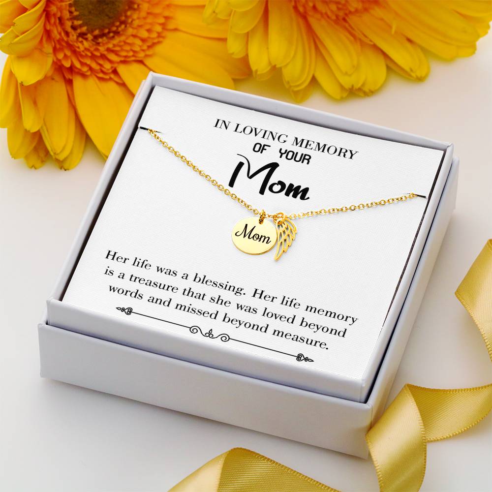 Life Was A Blessing White Mom Remembrance Necklace Angel Wing Charm, Stainless Steel 18-22'' Chain-Express Your Love Gifts