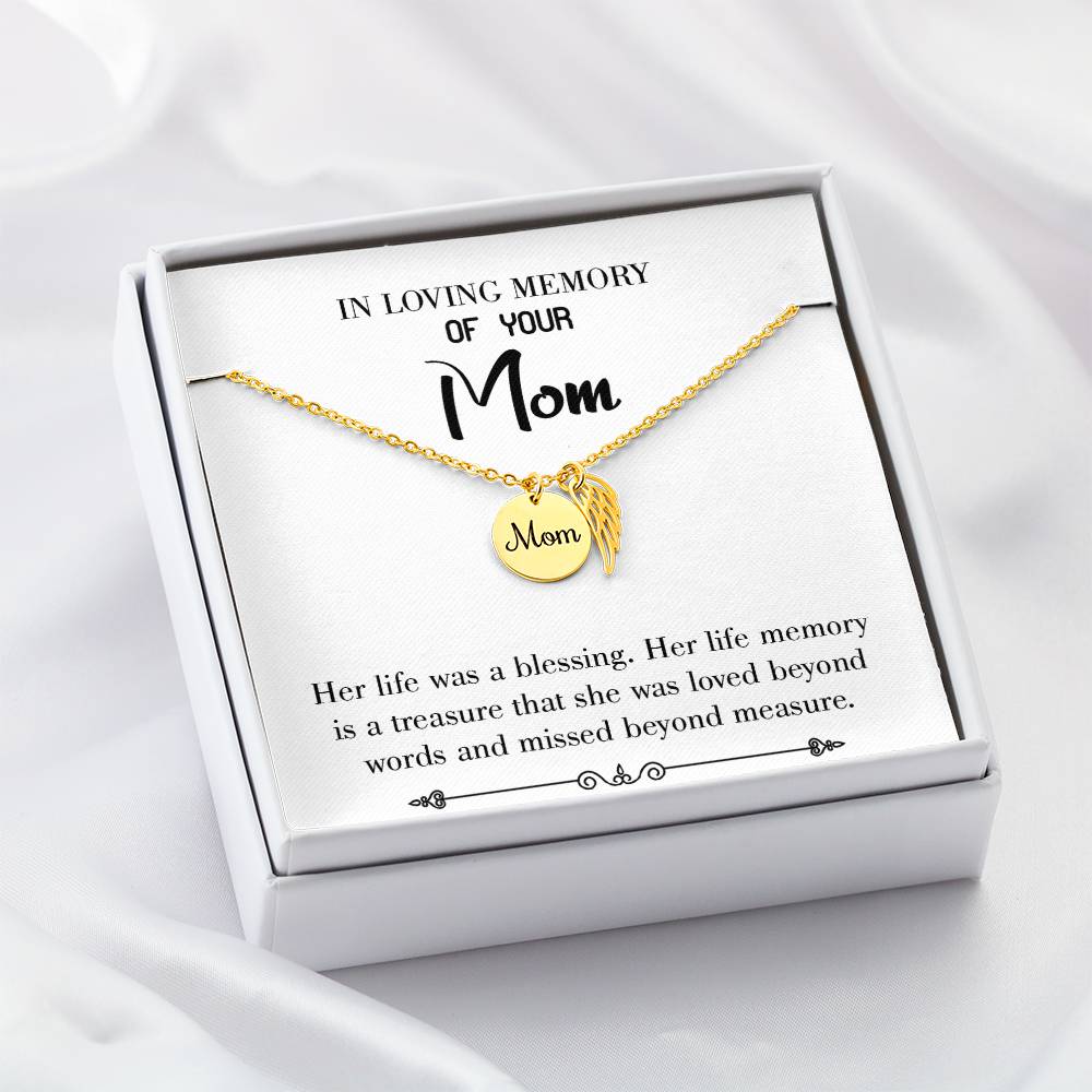 Life Was A Blessing White Mom Remembrance Necklace Angel Wing Charm, Stainless Steel 18-22'' Chain-Express Your Love Gifts