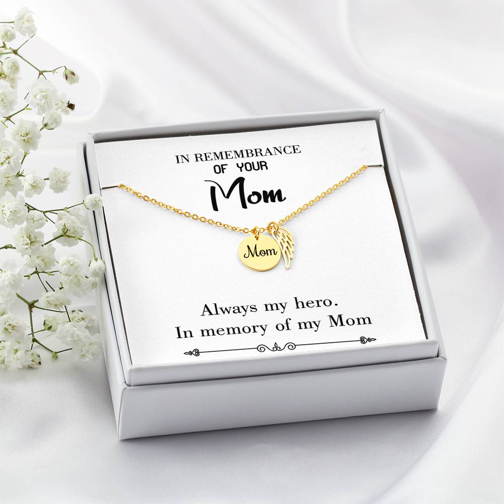 Always My Hero White Mom Remembrance Necklace Angel Wing Charm, Stainless Steel 18-22'' Chain-Express Your Love Gifts