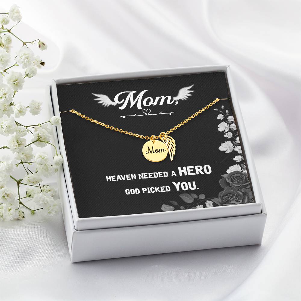 Heaven Needed A Hero Mom Remembrance Necklace Angel Wing Charm, Stainless Steel 18-22'' Chain-Express Your Love Gifts