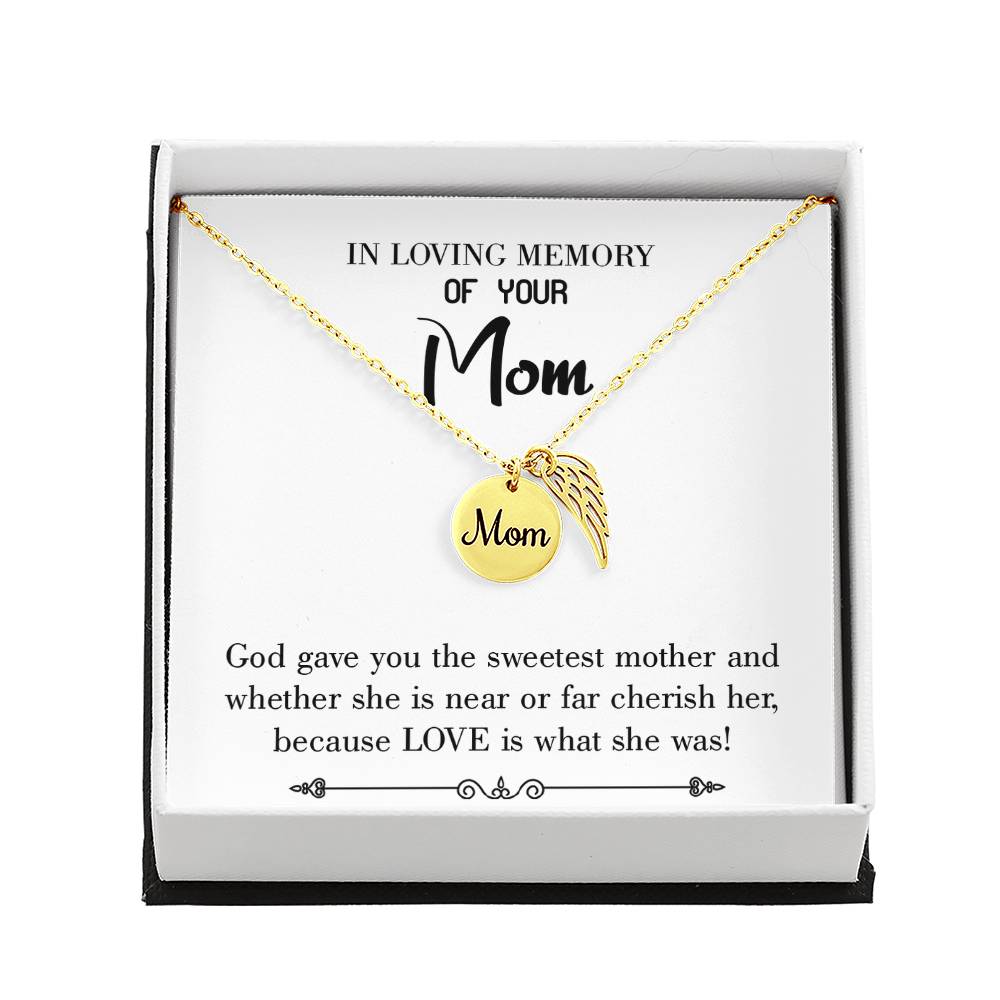 Sweetest Mother White Mom Remembrance Necklace Angel Wing Charm, Stainless Steel 18-22'' Chain-Express Your Love Gifts