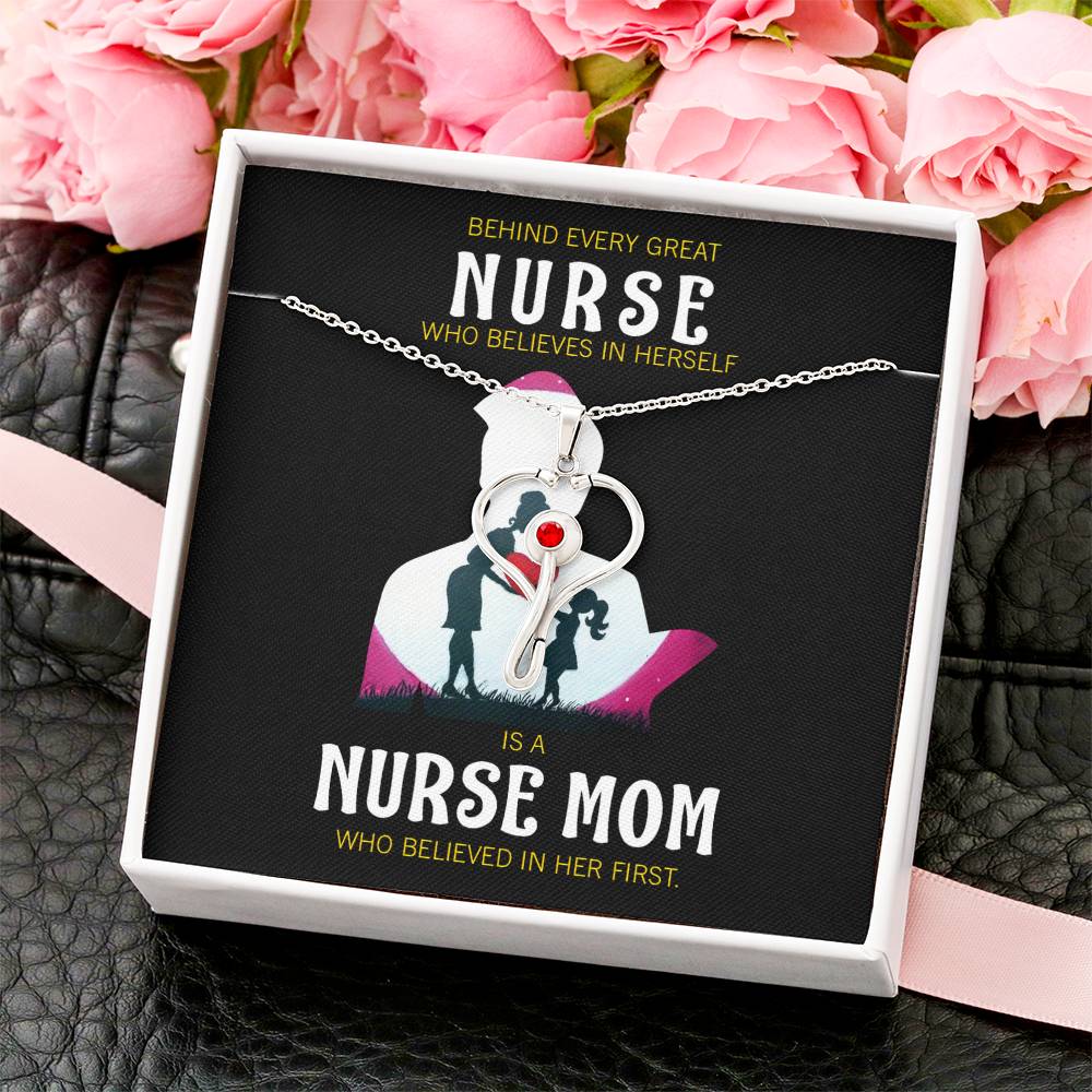 Behind Every Mom Nurse Heart Scope Necklace Red Swarovski Crystal Adjustable Chain 18-22"-Express Your Love Gifts