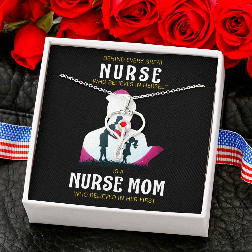 Behind Every Mom Nurse Heart Scope Necklace Red Swarovski Crystal Adjustable Chain 18-22"-Express Your Love Gifts