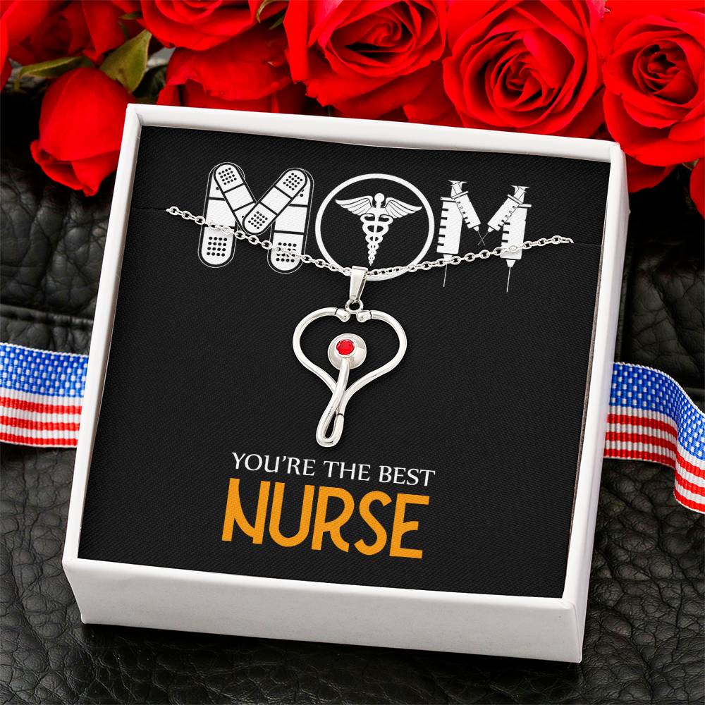 Mom Nurse Heart Scope Necklace Red Swarovski Crystal Adjustable Chain 18-22"-Express Your Love Gifts