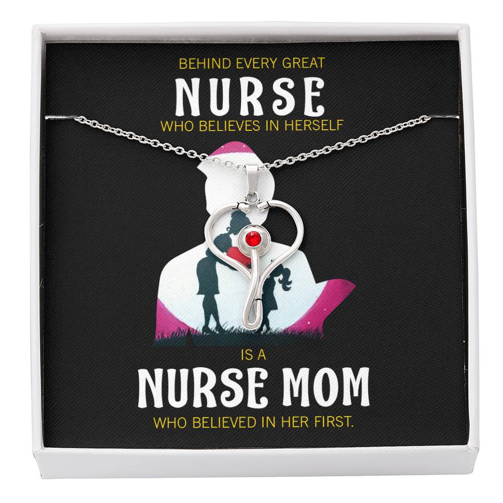 Behind Every Mom Nurse Heart Scope Necklace Red Swarovski Crystal Adjustable Chain 18-22"-Express Your Love Gifts