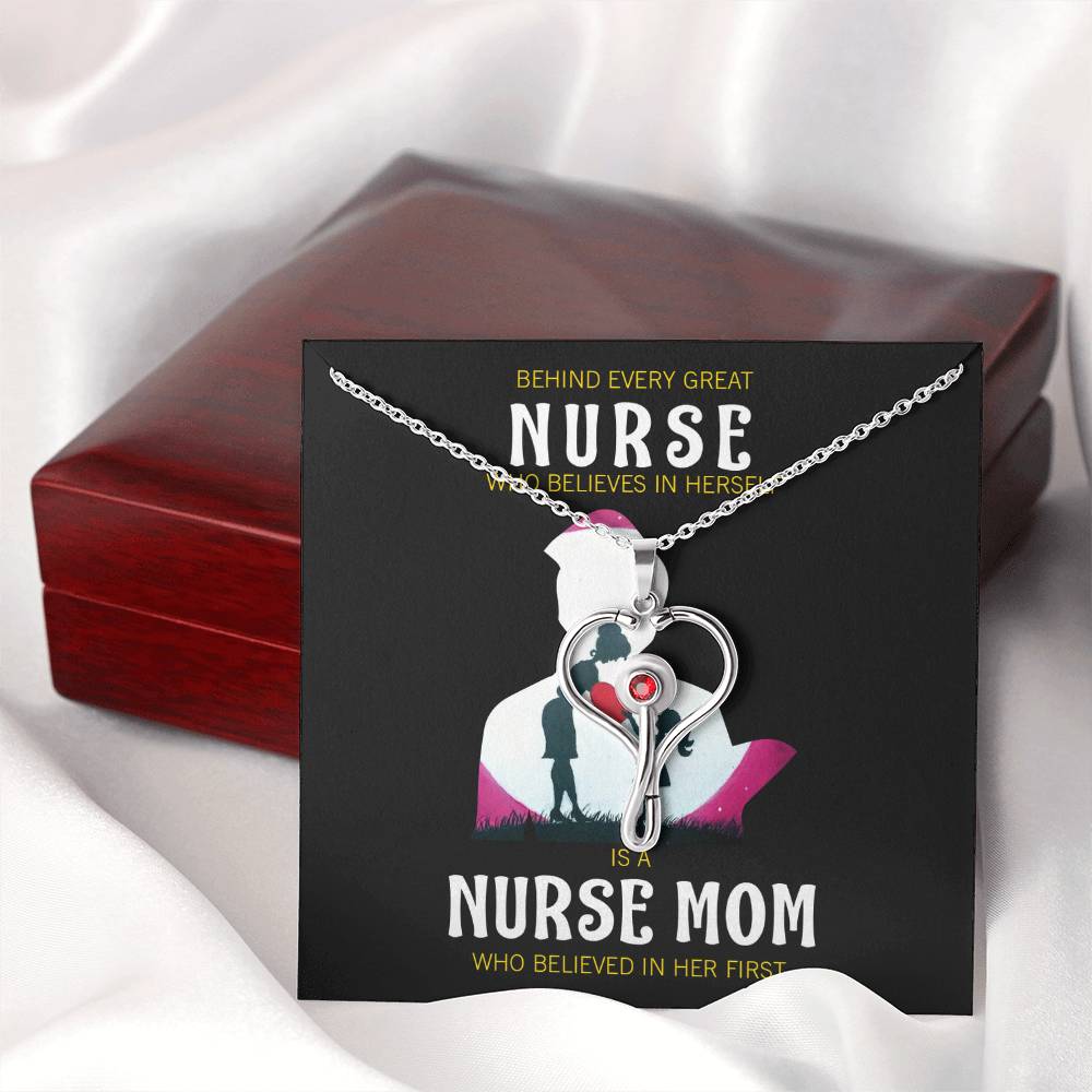 Behind Every Mom Nurse Heart Scope Necklace Red Swarovski Crystal Adjustable Chain 18-22"-Express Your Love Gifts