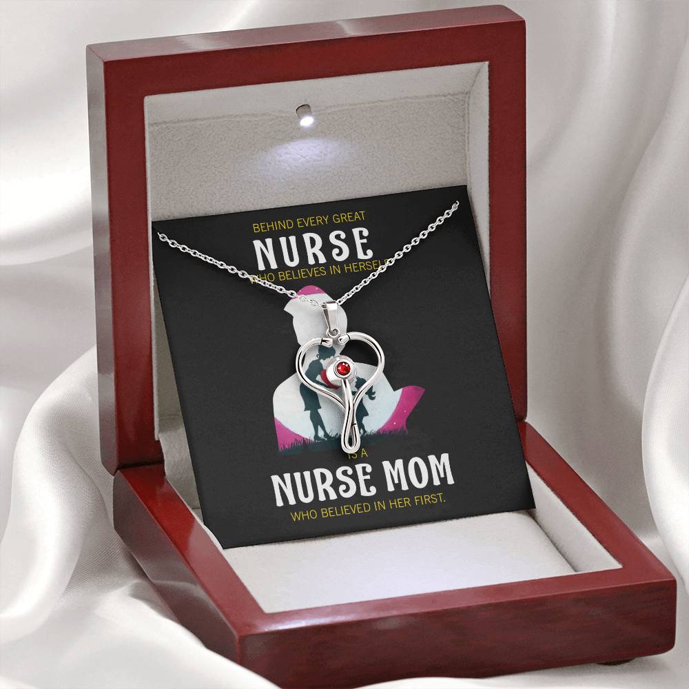 Behind Every Mom Nurse Heart Scope Necklace Red Swarovski Crystal Adjustable Chain 18-22"-Express Your Love Gifts