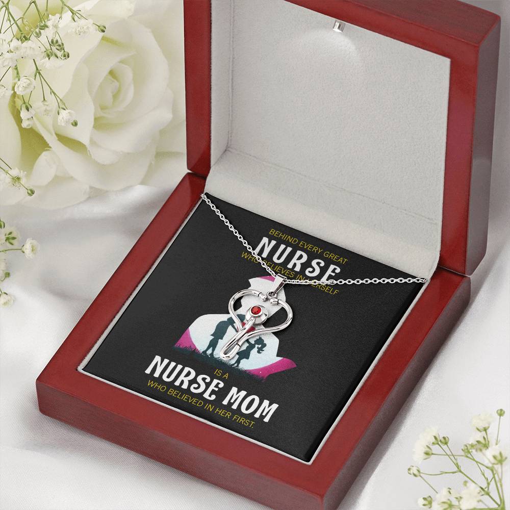 Behind Every Mom Nurse Heart Scope Necklace Red Swarovski Crystal Adjustable Chain 18-22"-Express Your Love Gifts