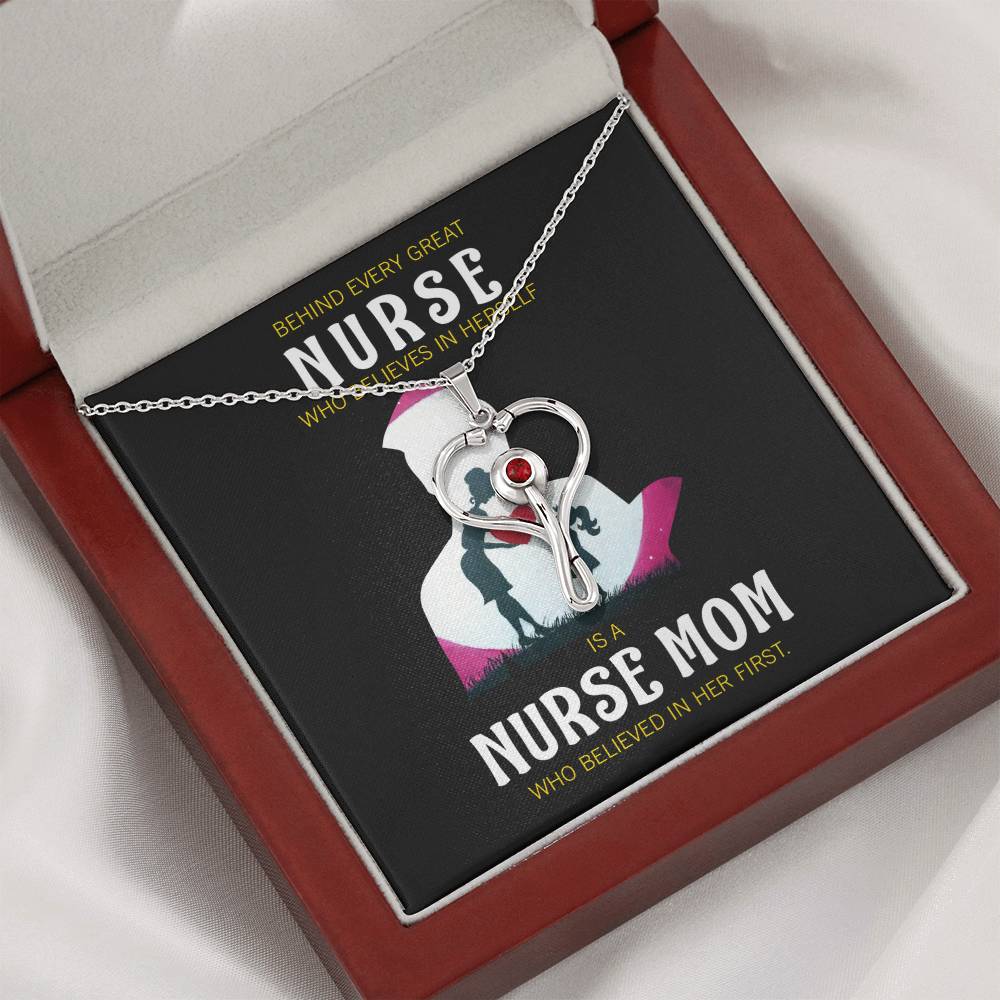 Behind Every Mom Nurse Heart Scope Necklace Red Swarovski Crystal Adjustable Chain 18-22"-Express Your Love Gifts