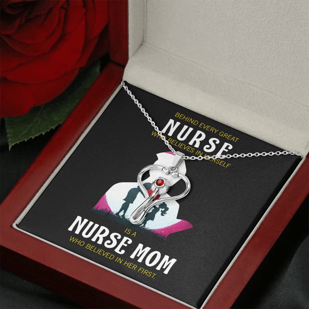 Behind Every Mom Nurse Heart Scope Necklace Red Swarovski Crystal Adjustable Chain 18-22"-Express Your Love Gifts