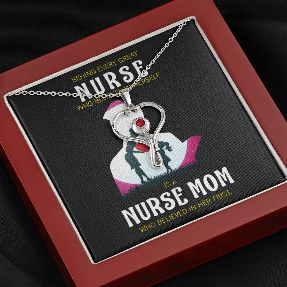 Behind Every Mom Nurse Heart Scope Necklace Red Swarovski Crystal Adjustable Chain 18-22"-Express Your Love Gifts