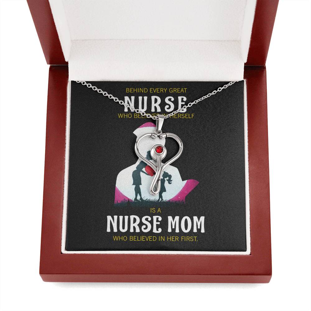 Behind Every Mom Nurse Heart Scope Necklace Red Swarovski Crystal Adjustable Chain 18-22"-Express Your Love Gifts