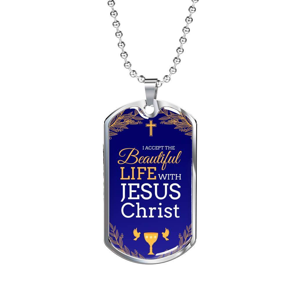 Beautiful Life Communion Gift Stainless Steel or 18k Gold Dog Tag 24" Chain-Express Your Love Gifts