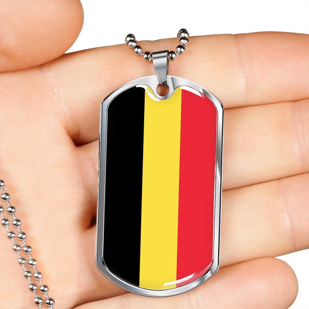 Belgium Flag Necklace Belgium Flag Stainless Steel or 18k Gold Dog Tag 24" - Express Your Love Gifts