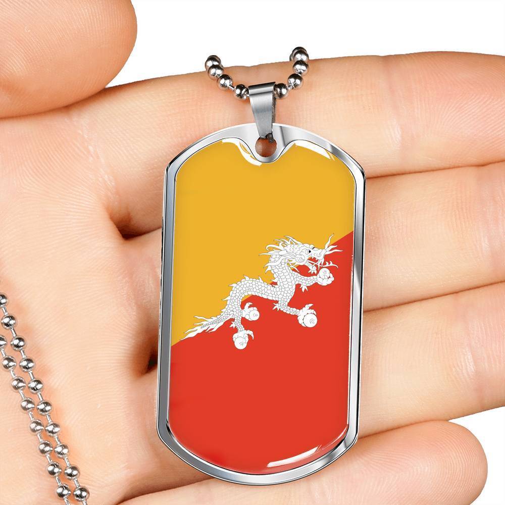 Bhutan Flag Necklace Bhutan Flag Stainless Steel or 18k Gold Dog Tag 24" - Express Your Love Gifts