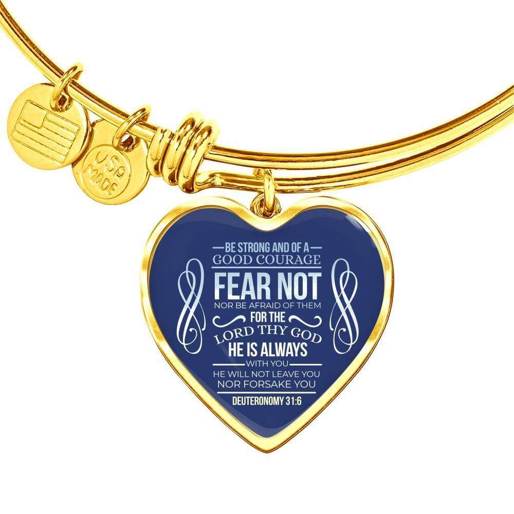 Bible Verse Bracelet Be Strong Stainless Steel or 18k Gold Heart Bangle - Express Your Love Gifts