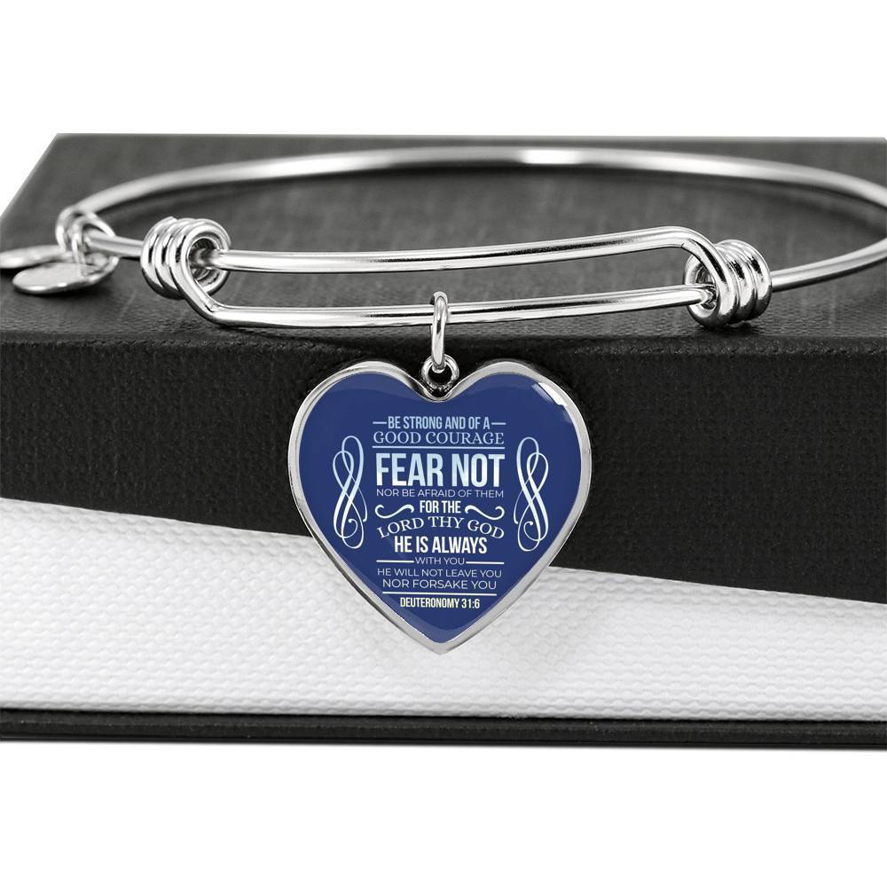 Bible Verse Bracelet Be Strong Stainless Steel or 18k Gold Heart Bangle - Express Your Love Gifts