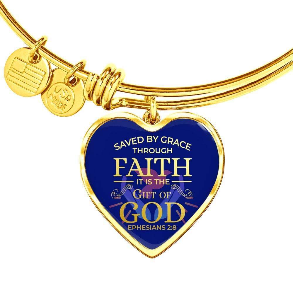 Bible Verse Bracelet Saved By Grace Stainless Steel or 18k Gold Heart Bangle Bracelet - Express Your Love Gifts