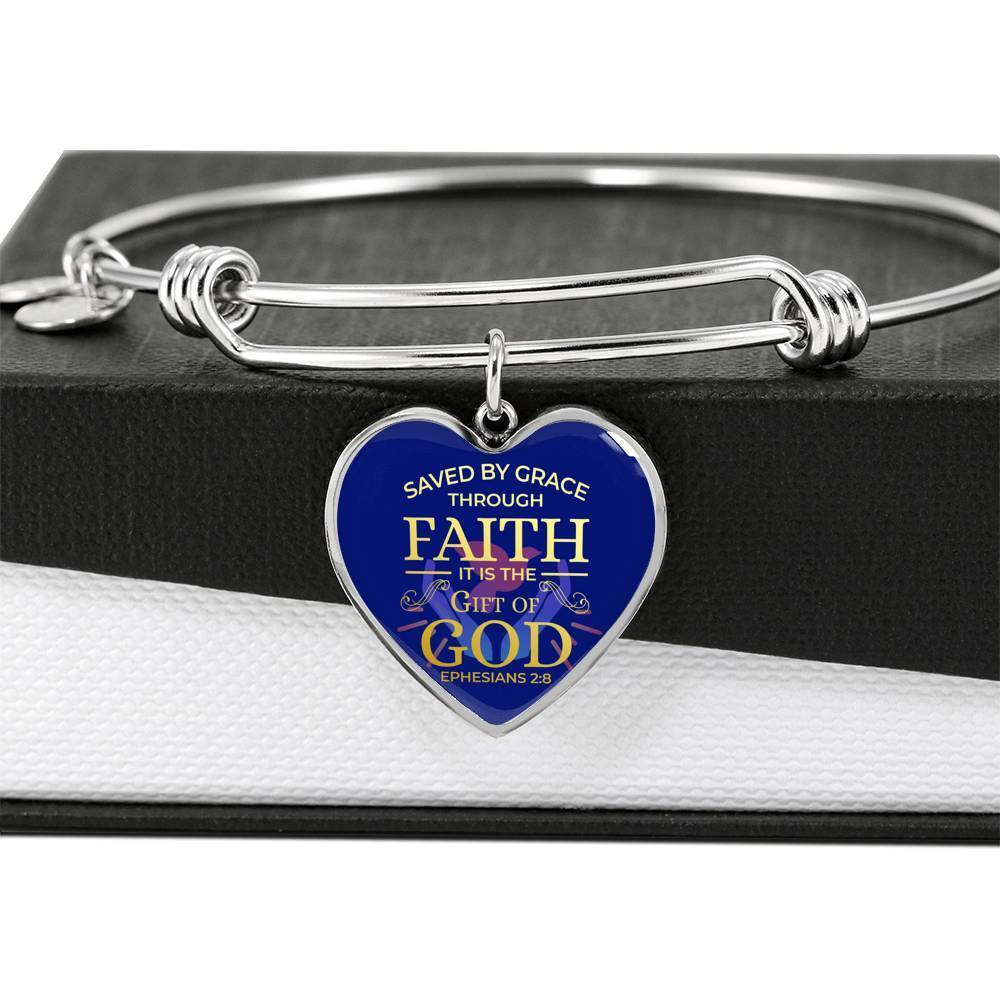 Bible Verse Bracelet Saved By Grace Stainless Steel or 18k Gold Heart Bangle Bracelet - Express Your Love Gifts