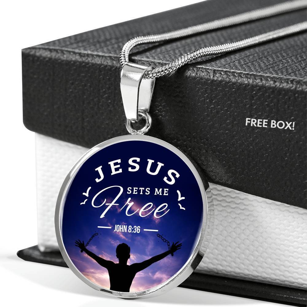 Bible Verse Gift Jesus Set Me Free Circle Necklace Stainless Steel or 18k Gold 18-22" - Express Your Love Gifts