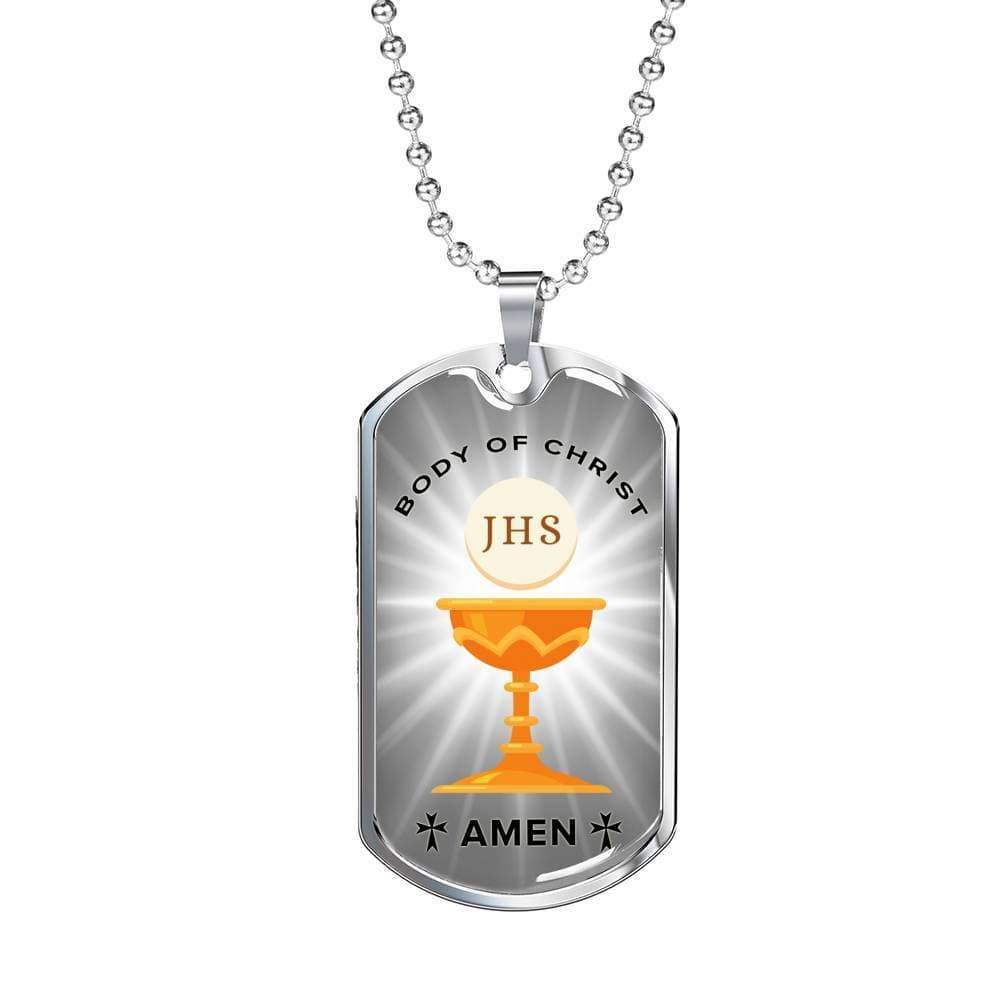 Body Of Christ Communion Necklace Stainless Steel or 18k Gold Dog Tag 24" Chain-Express Your Love Gifts