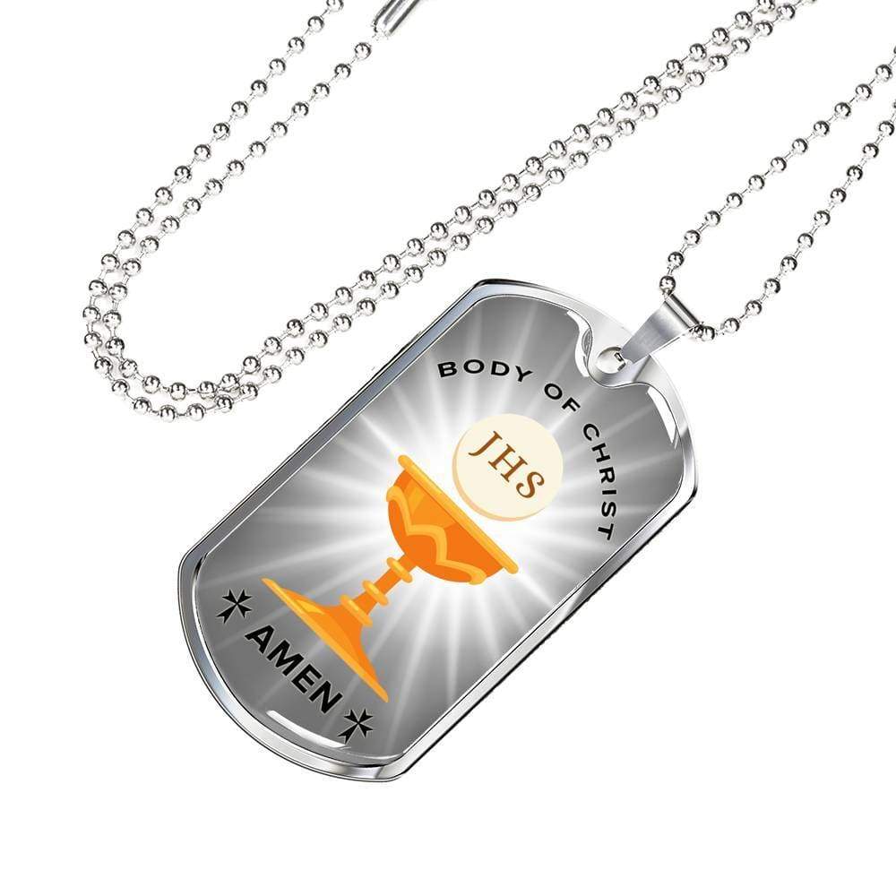 Body Of Christ Communion Necklace Stainless Steel or 18k Gold Dog Tag 24" Chain-Express Your Love Gifts