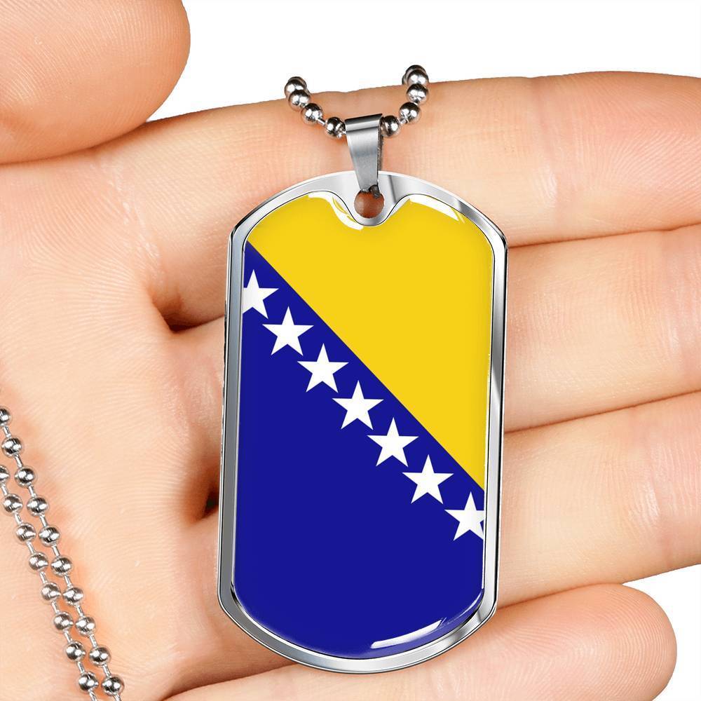 Bosnia And Herzegovina Flag Necklace Bosnia And Herzegovina Flag Stainless Steel or 18k Gold Dog Tag 24" - Express Your Love Gifts