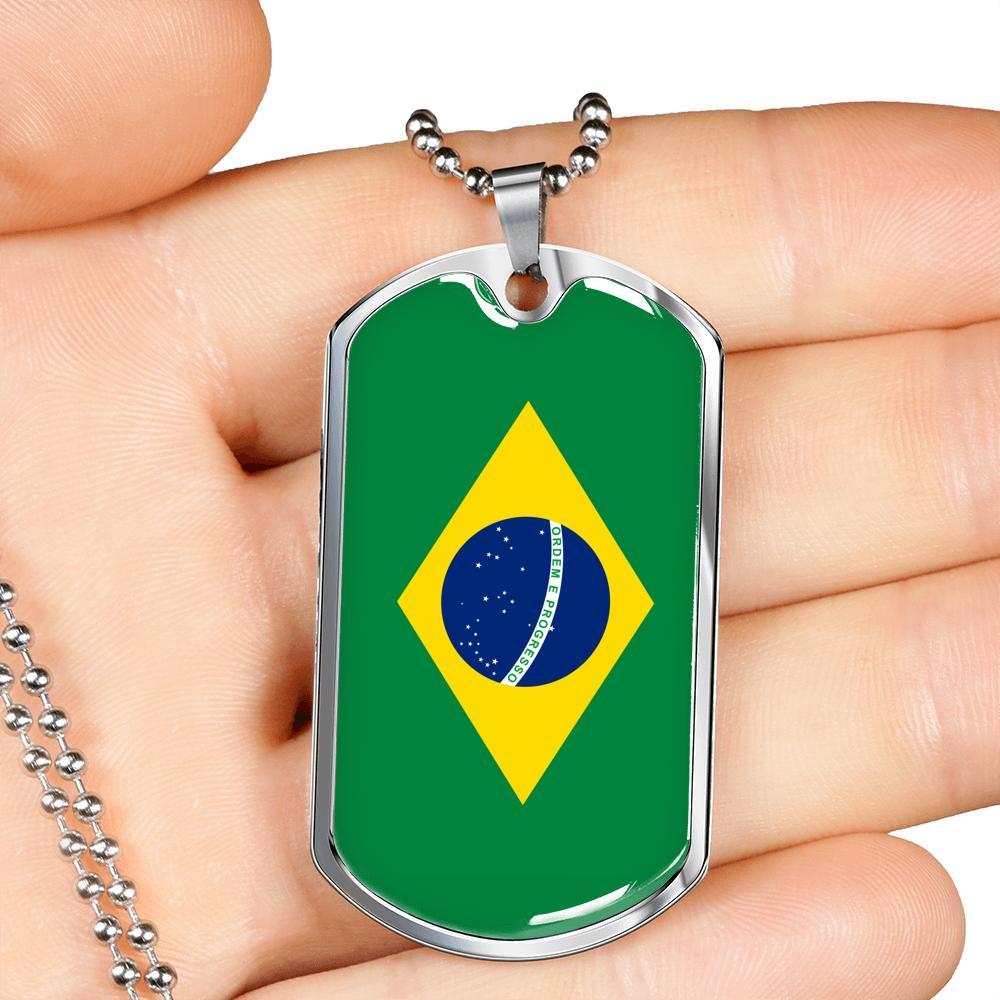 Brazil Flag Necklace Brazilian Flag Stainless Steel or 18k Gold Dog Tag 24" - Express Your Love Gifts