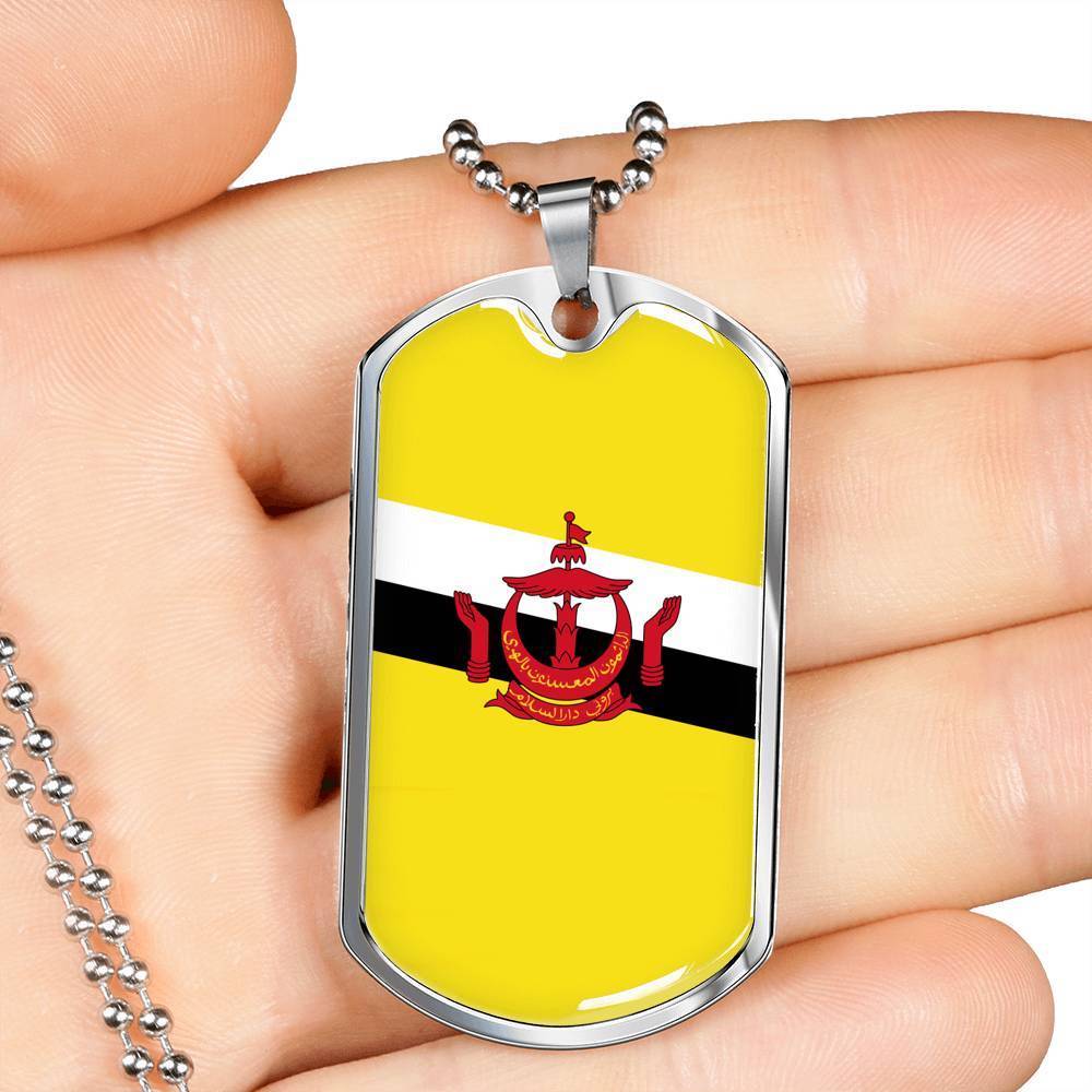 Brunei Flag Necklace Brunei Flag Stainless Steel or 18k Gold Dog Tag 24" - Express Your Love Gifts