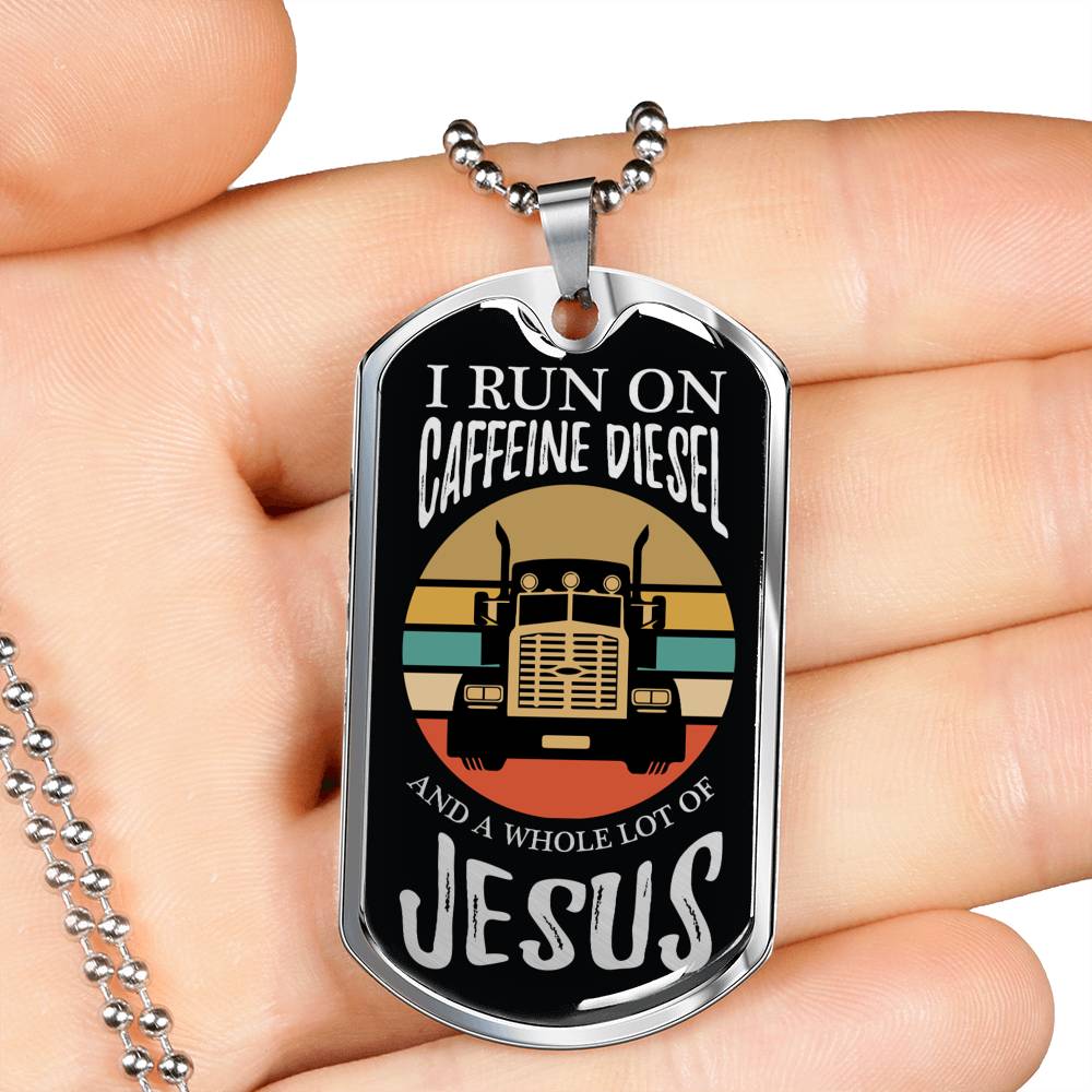 Caffeine Diesel Jesus Trucker Dog Tag Stainless Steel or 18k Gold 24" Chain - Express Your Love Gifts