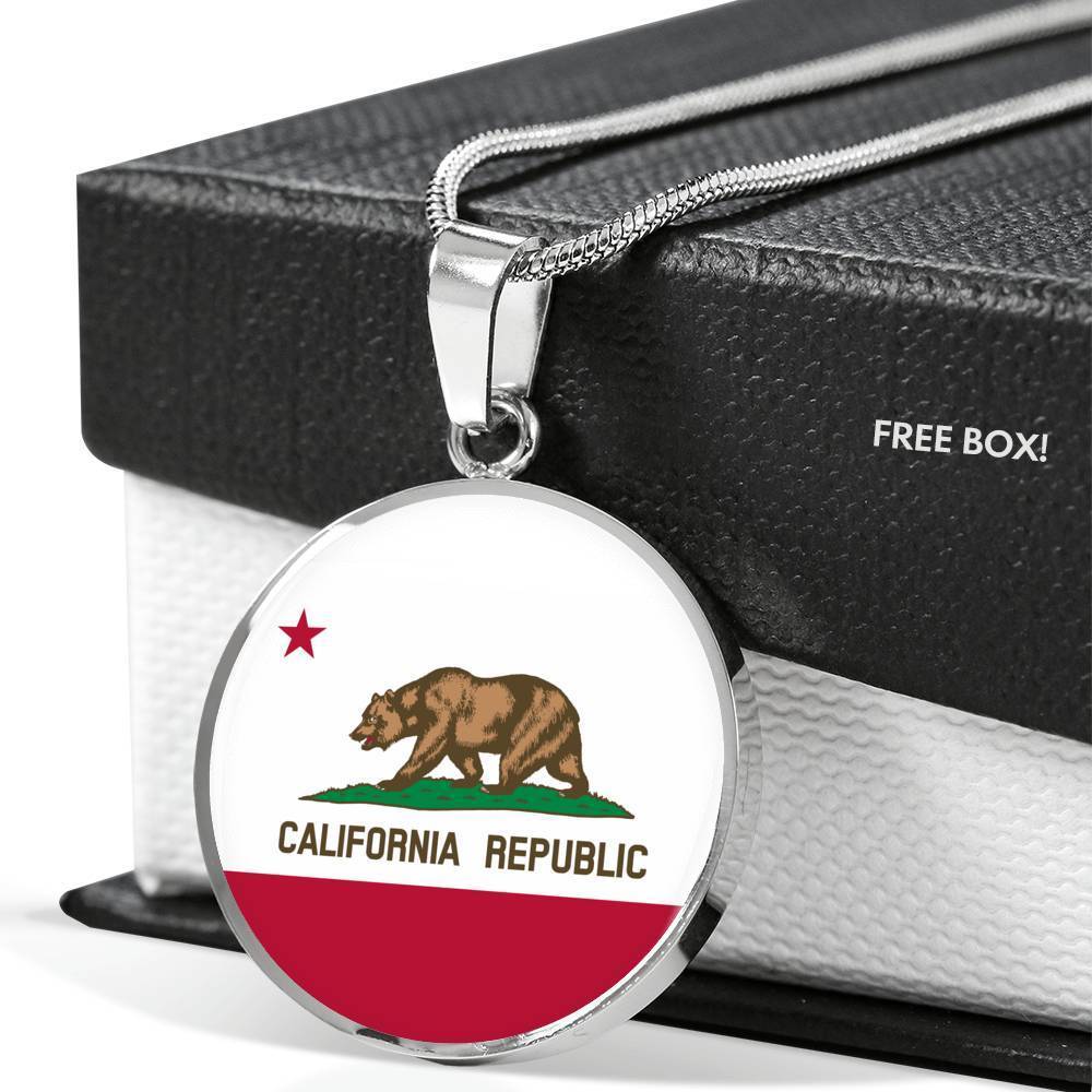 California State Flag Necklace Stainless Steel or 18k Gold Circle Pendant 18-22" - Express Your Love Gifts