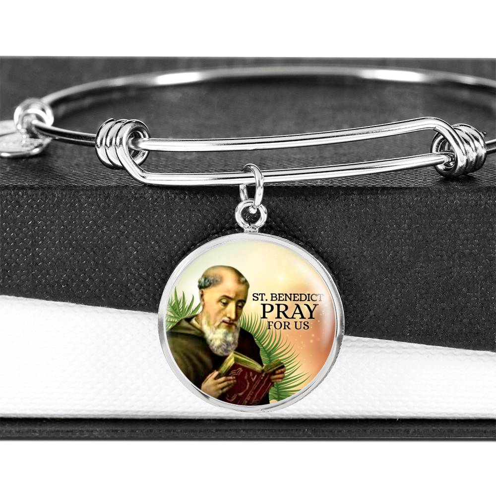 Catholic Saint Benedict Circle Bangle Bracelet Stainless Steel or 18k Gold" - Express Your Love Gifts