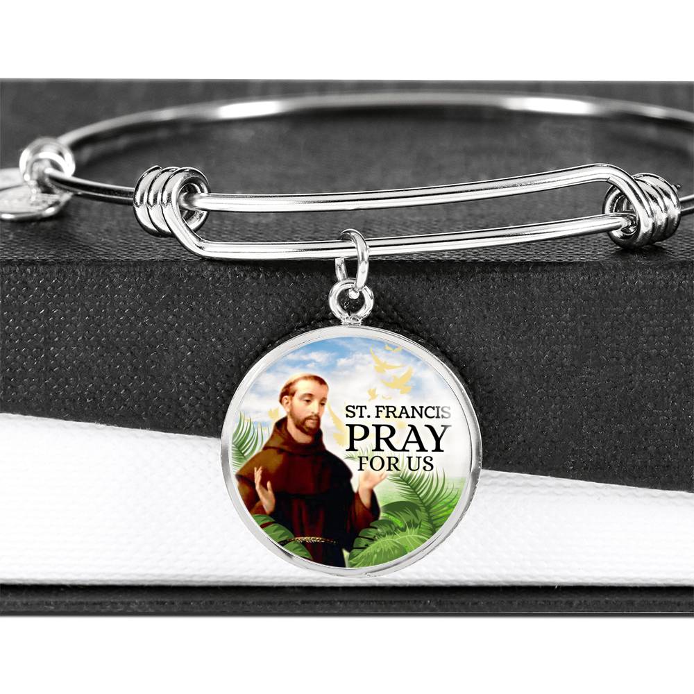 Catholic St. Francis Circle Bangle Bracelet Stainless Steel or 18k Gold" - Express Your Love Gifts