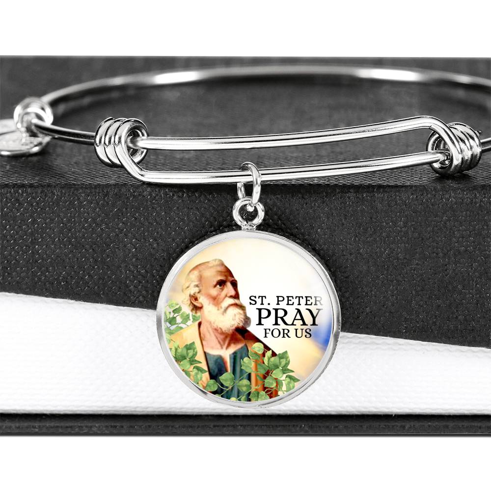 Catholic St. Peter Circle Bangle Bracelet Stainless Steel or 18k Gold" - Express Your Love Gifts