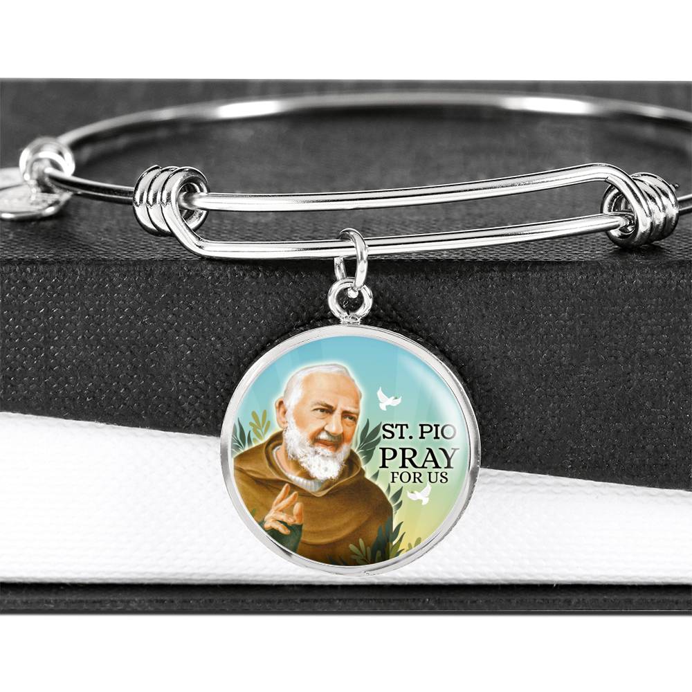 Catholic St. Pio Circle Bangle Bracelet Stainless Steel or 18k Gold" - Express Your Love Gifts