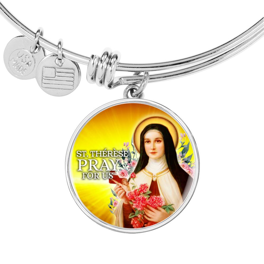 Catholic St. Therese Circle Bangle Bracelet Stainless Steel or 18k Gold" - Express Your Love Gifts