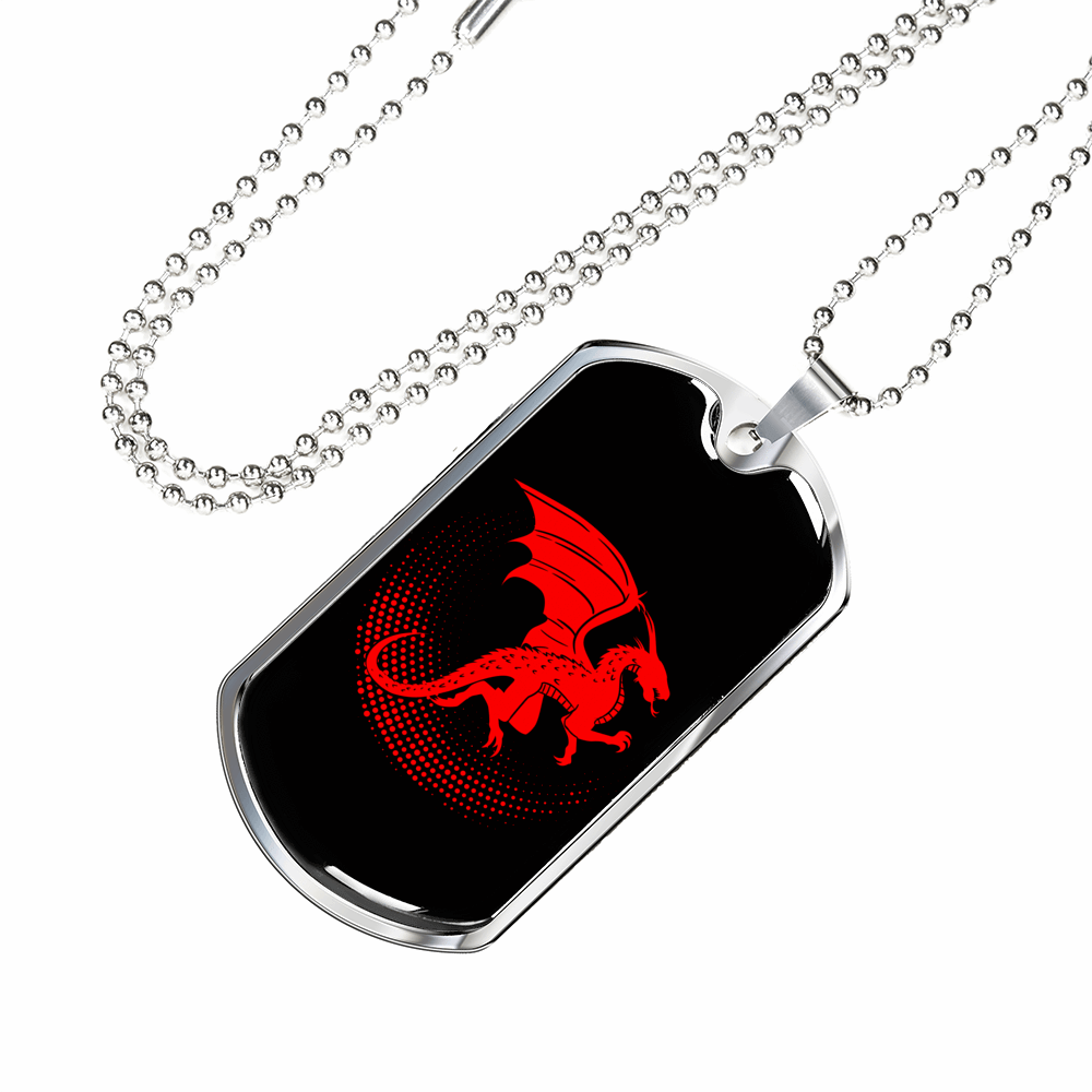 Chinese Red Dragon Necklace Stainless Steel or 18k Gold Dog Tag 24" Chain-Express Your Love Gifts
