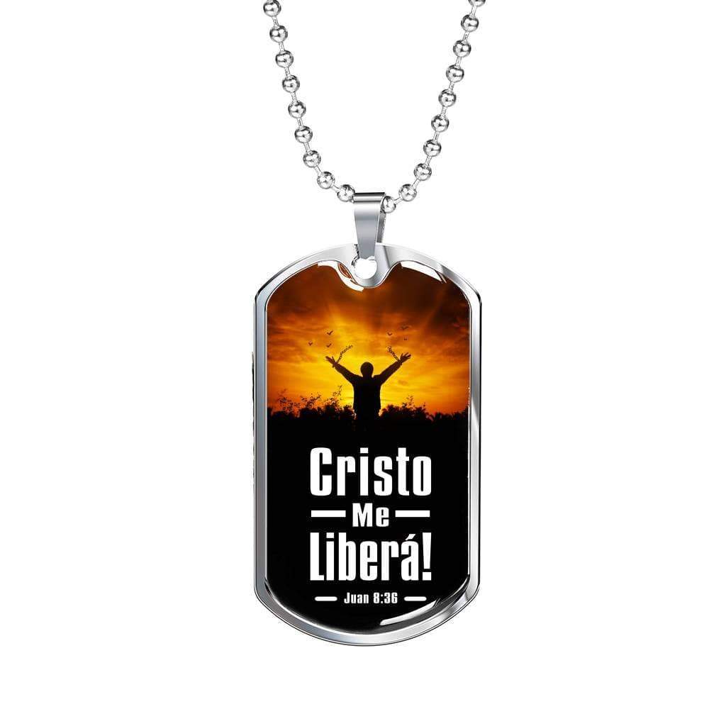 Christ Free Me In Spanish Religious Necklace Juan 8:36 Necklace Stainless Steel or 18k Gold Dog Tag 24" Chain-Express Your Love Gifts