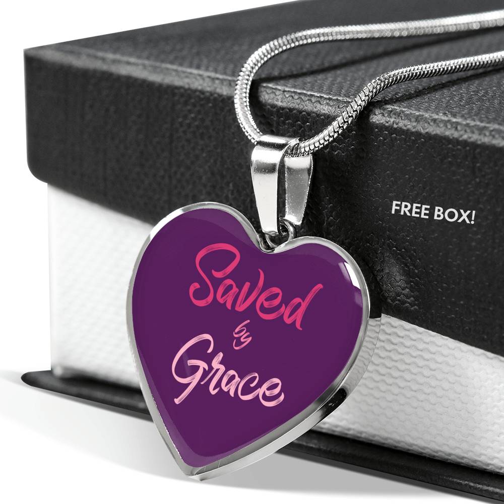 Christian Saved By Grace Heart Necklace Stainless Steel or 18k Gold Pendant 18-22" - Express Your Love Gifts