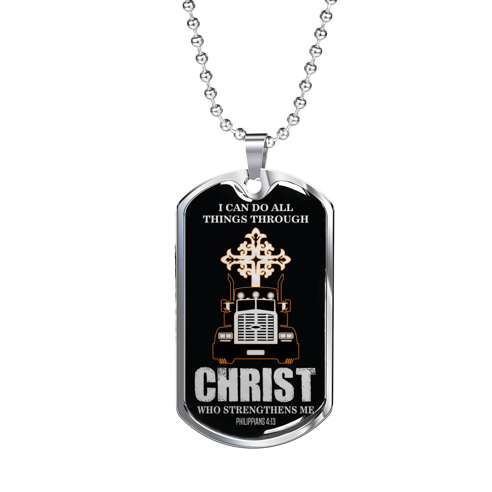 Christian Trucker All Things Dog Tag Stainless Steel or 18k Gold 24" Chain - Express Your Love Gifts